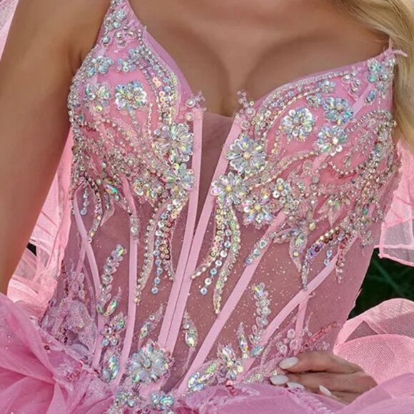 New Pink Dazzling Rhinestones Embellished Ruffled Quinceanera Tulle Gown GL3804 - Picture 6 of 14